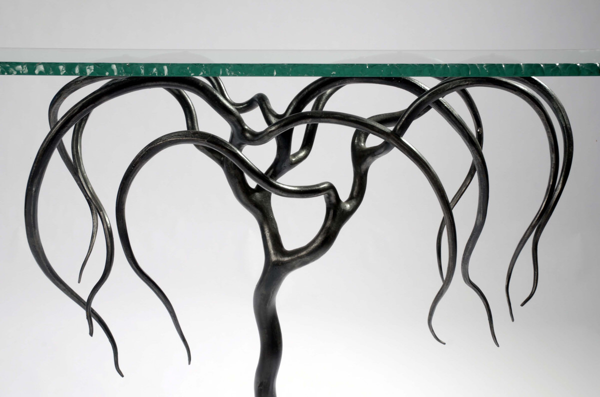 Weeping Willow Console sculptural table forged steel and glass unique interior design statement table decorex international by Mark Reed