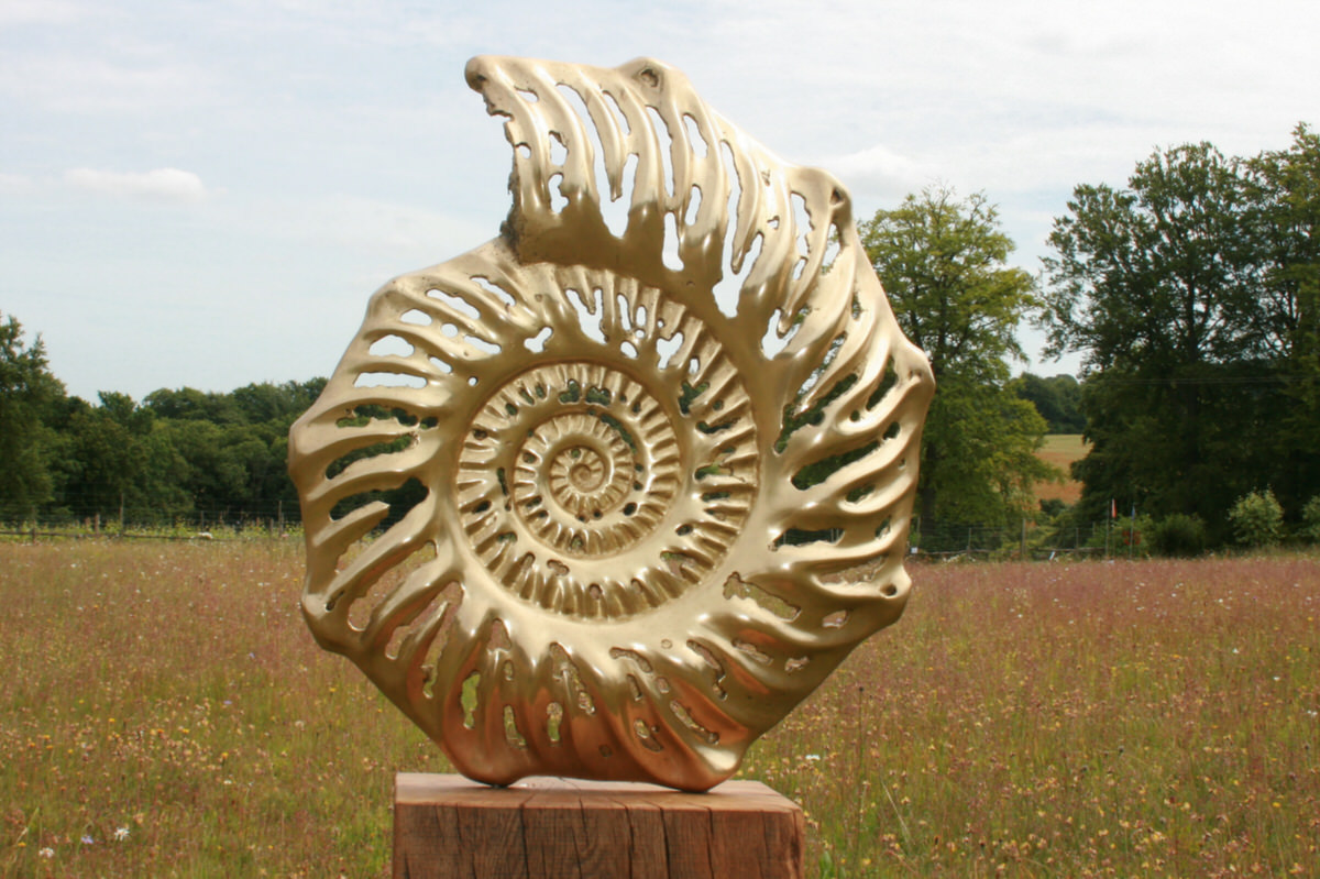 Ammonite slice outside bronze garden sculpture organic form sculpture inspired by ammonite fossil by Mark Reed