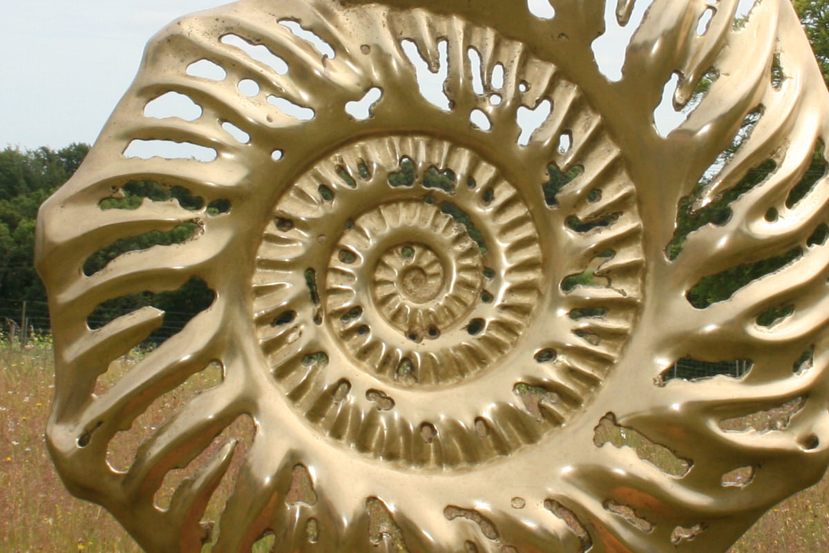 Ammonite slice outside bronze sculpture contemporary british metal sculpture inspired by geology ammonite fossil natural history museum