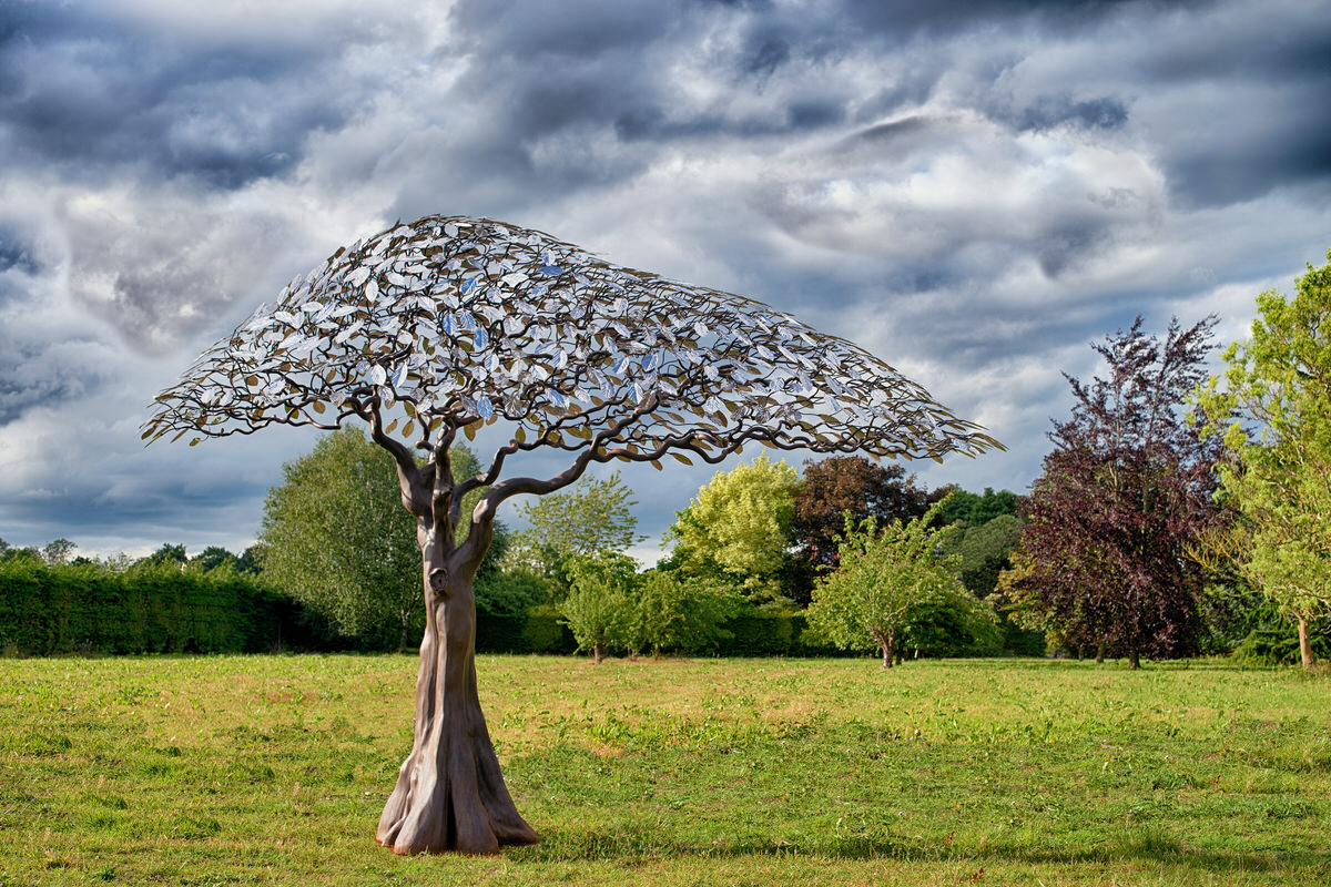 Arbour Metallum windswept Metal Tree Garden sculpture and public art commission RHS Chelsea Flower Show by Mark Reed sculptor