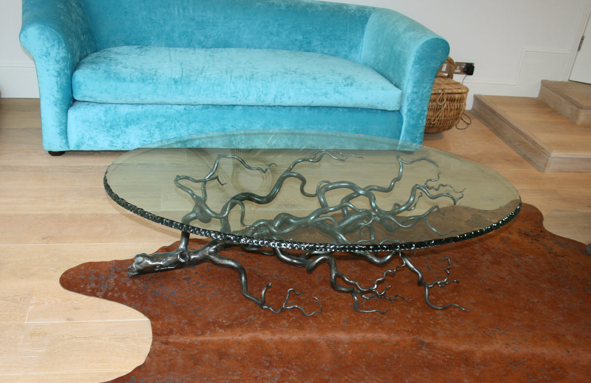 Branch artistic oval tree sculptural coffee table steel and glass unique by sculptor Mark Reed