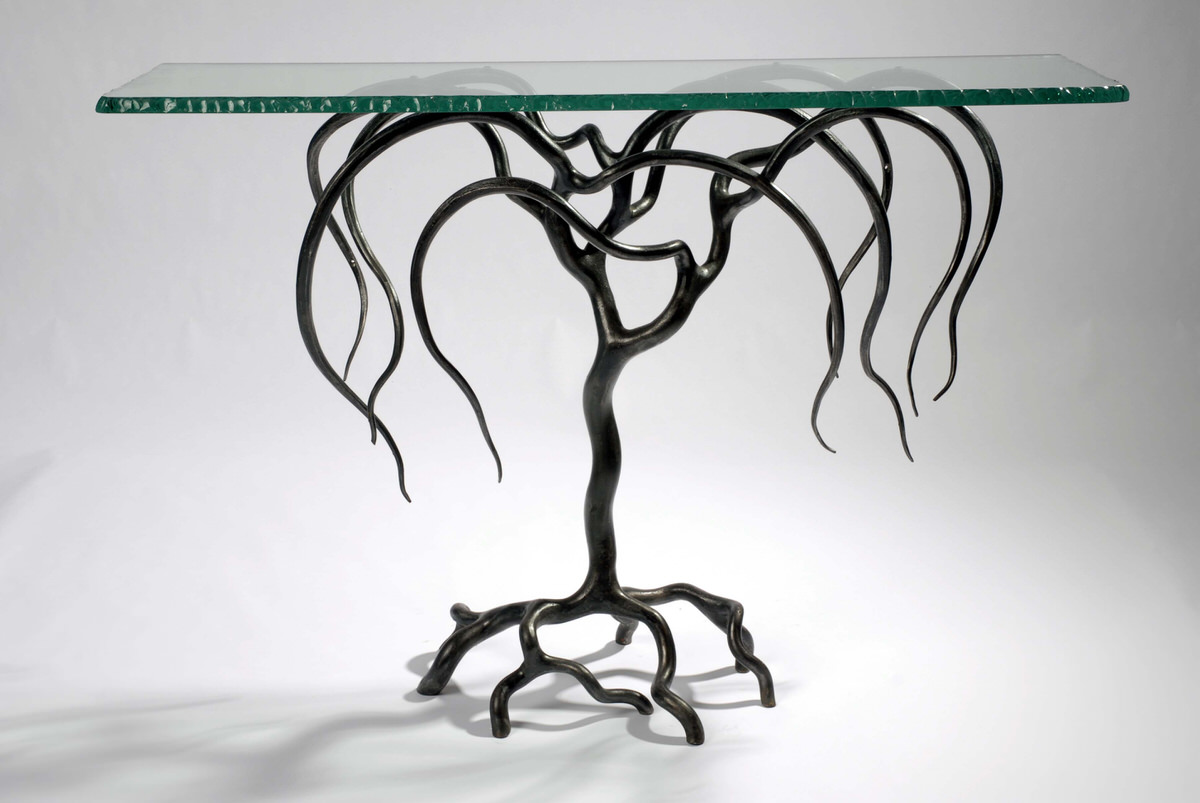 Weeping Willow Console artistic Table Forged Steel and glass table statement inetrior design table masion de objet by Mark Reed