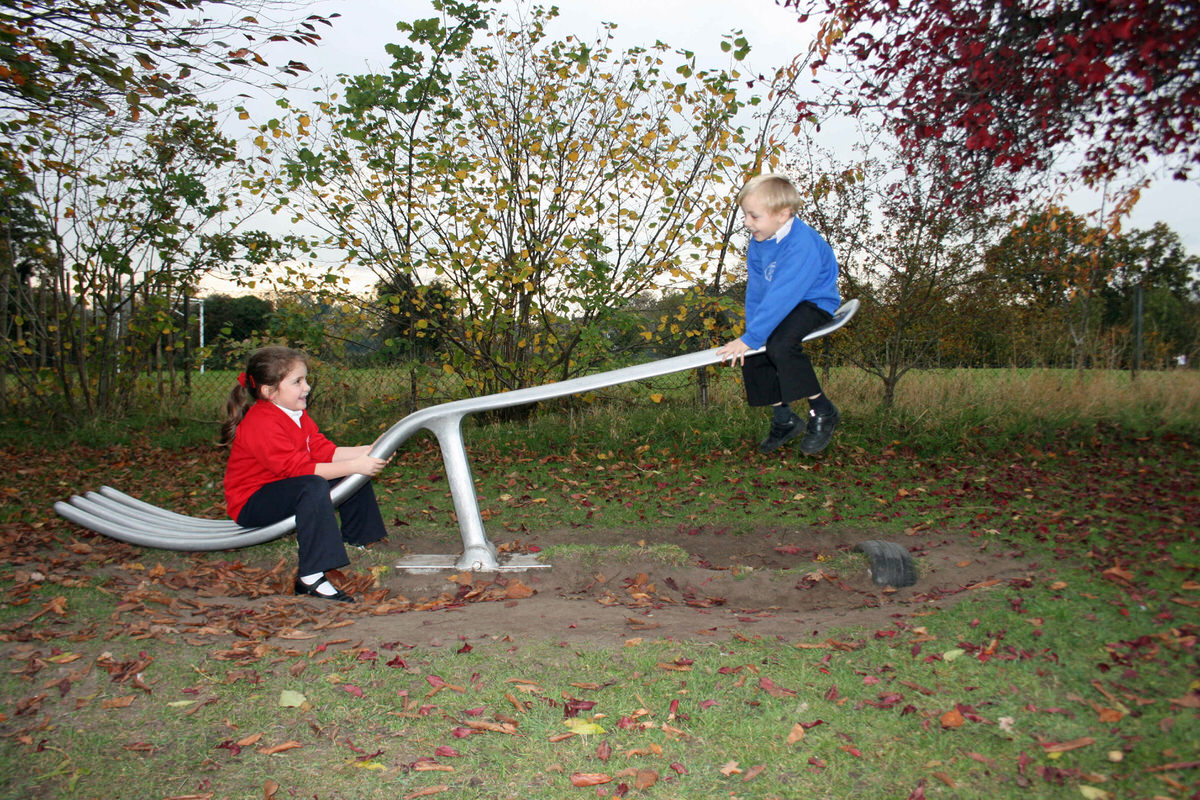 fork seesaw bespoke commission for play park aluminum garden sculpture by Mark Reed