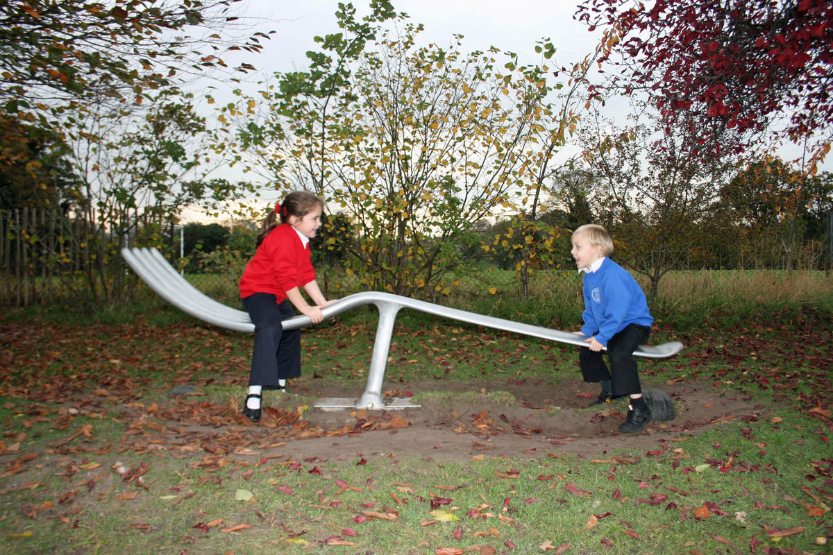 fork seesaw bespoke recycled aluminum sculpture for elementary primary school  unique play apparatus by Mark Reed