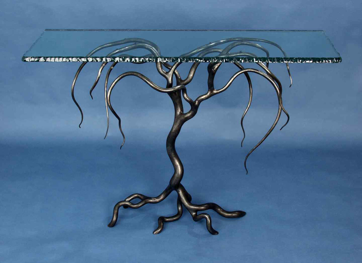 weeping willow console forged steel and glass table unique table for inerior designers design decor russia by furniture designer Mark Reed