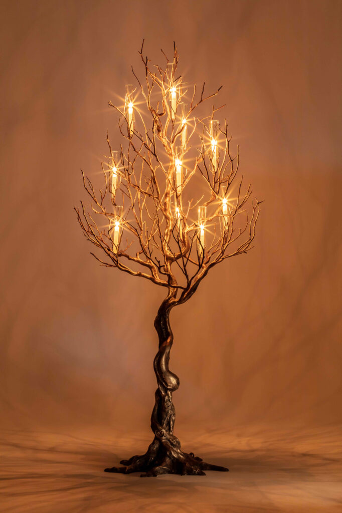 Treeoflifebronzecandlelittreesculpture,15backdarkchimney